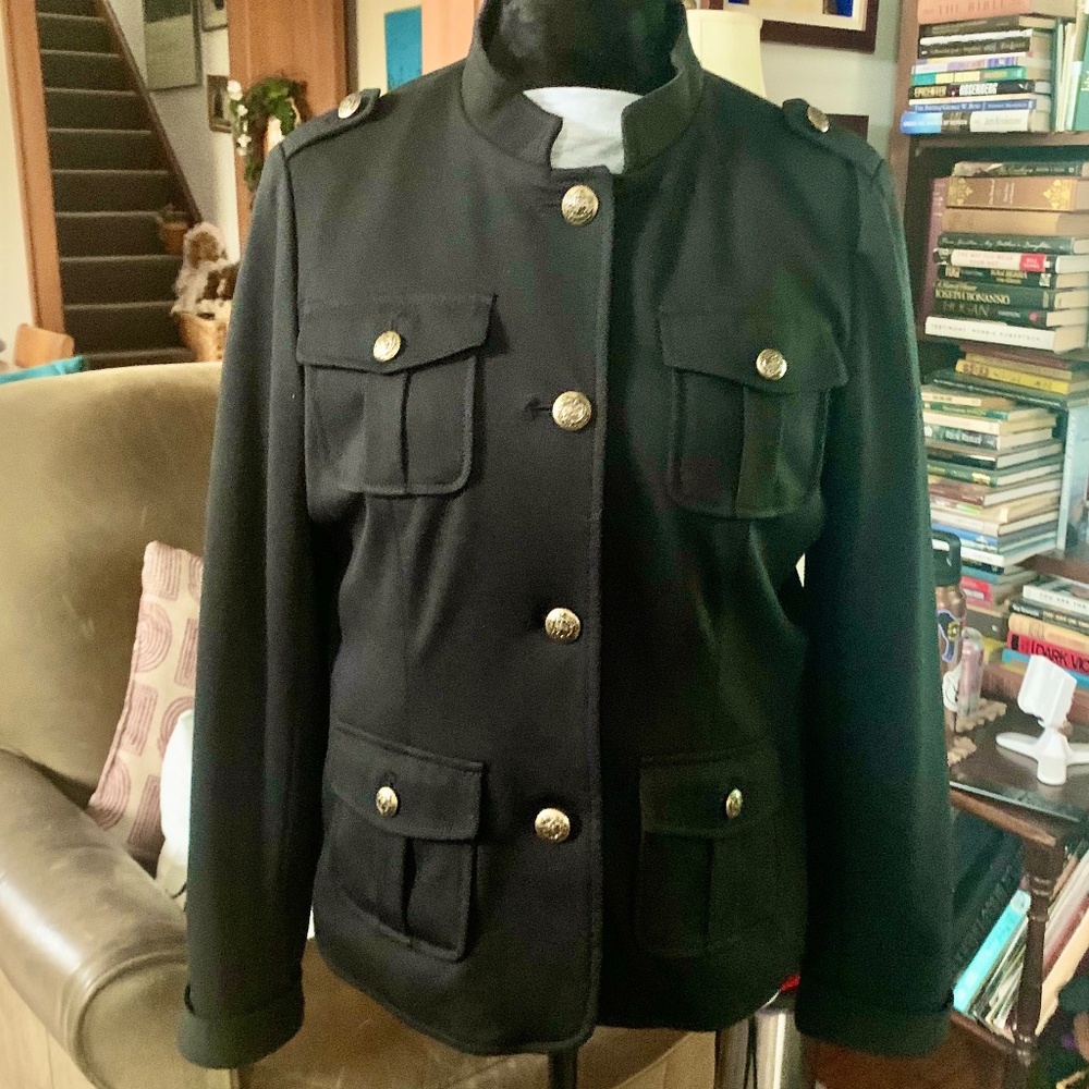 “Apt. 9” black blazer, military style, EUC, L